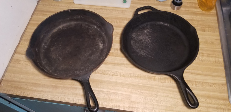 11" Erie on the left, my old 10" Lodge on the right (which took some serious abuse from my last camping trip). The Erie is a bit deeper than the Lodge pan, and the finish of the cooking surface is a million times smoother. The walls of the pan are also a bit steeper than the Lodge. That said, the first thing you notice is the weight! It’s light as a feather compared to the Lodge, despite being an inch larger. 3.8lbs vs. 5.5lbs. That puts the 11" Erie almost at the 8" skillets’ weight!